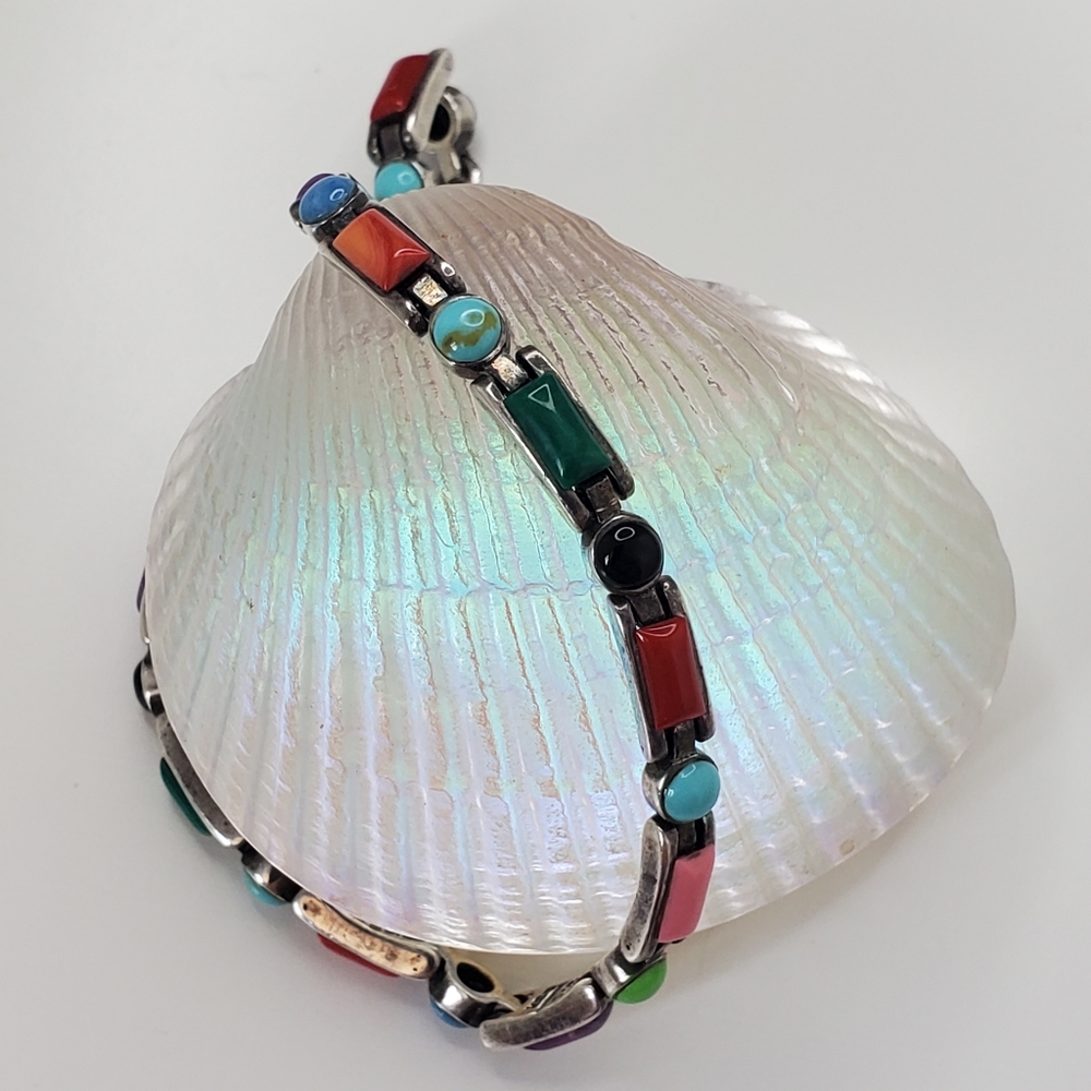 SX 925 Sterling Multicolor Semiprecious Multistone Dot-Dash Bracelet
